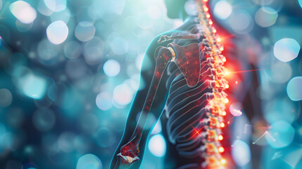 A human back with the spine highlighted in red, indicating pain or discomfort. The blurred background is blue in color - obrazy, fototapety, plakaty