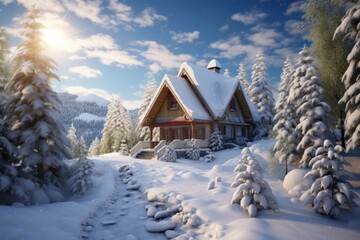 Amidst snow-kissed trees, a fairy-tale house stands, creating a magical winter scene on a serene day. - obrazy, fototapety, plakaty