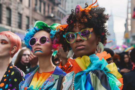 Three women are smiling and holding up rainbow flags. They are dressed in colorful clothing and appear to be celebrating something