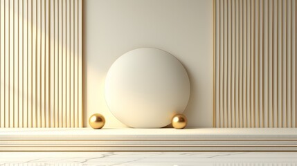 a white egg sitting on top of a shelf next to a wall with a gold ball on top of it. - obrazy, fototapety, plakaty
