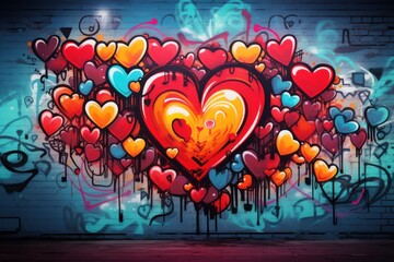 Vibrant graffiti hearts decorate a brick wall, an expressive and artistic representation of love and passion.