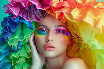 A woman with rainbow makeup on her face and a colorful scarf draped over her head. Concept of fun and celebration, as the woman is at a party or festival. The vibrant colors of the makeup
