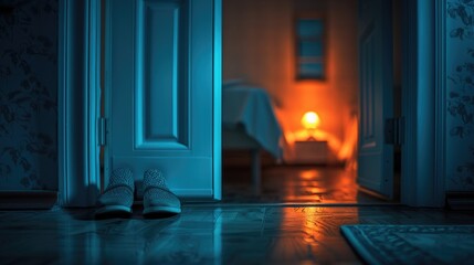A pair of comfortable shoes on the threshold of the room, the soft light of the night lamp creates a warm and cozy atmosphere. - obrazy, fototapety, plakaty