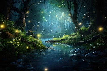 Night fantasy forest scene, illuminated fireflies, calm flowing stream. Concept: Magical nights and natural fantasy environments.