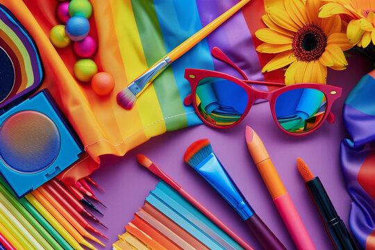 A colorful assortment of items including makeup, sunglasses, and other accessories. The image conveys a fun and playful mood, as the items are arranged in a rainbow pattern