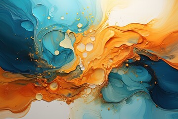 Gorgeous marble background. Swirling colors of beautiful blue and orange with gold powder.