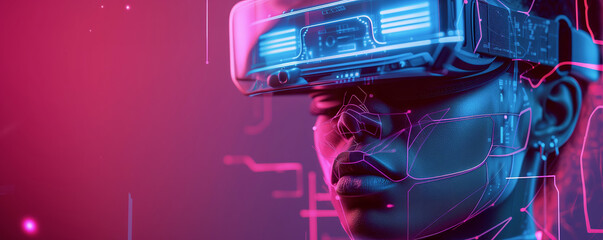 Futuristic android with holographic visor and complex machinery on head profile against a neon backdrop