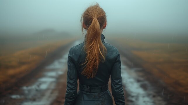 the back of a woman's head as she stands on a dirt road in the middle of a field.