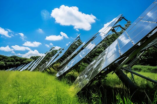 A field of solar panels is shown in the image