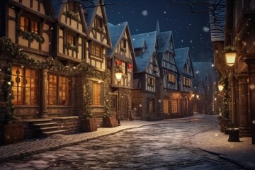Snow-covered street with houses, illuminated for Christmas, featuring trees and glowing garlands.
