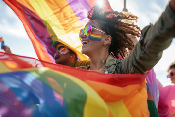 A woman is holding a rainbow flag and smiling. The flag is very colorful and the woman is wearing sunglasses. Scene is happy and celebratory