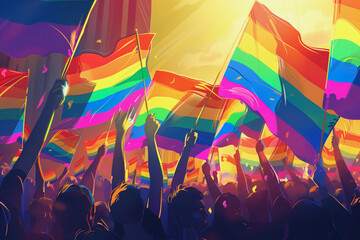 A woman is smiling and holding a rainbow flag. The crowd is cheering and celebrating. Scene is joyful and celebratory