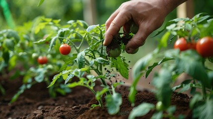 A hand putting used coffee grounds as fertilizer on a tomato plant