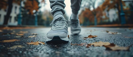 Sleek Sneakers in Motion on Autumn Streets. Concept Street Photography, Autumn Colors, Fashionable Footwear