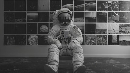 vintage astronaut suit displayed in front of a wall filled with black and white photos of space missions, celebrating the history and evolution of space exploration in honor of National Astronaut Day - obrazy, fototapety, plakaty