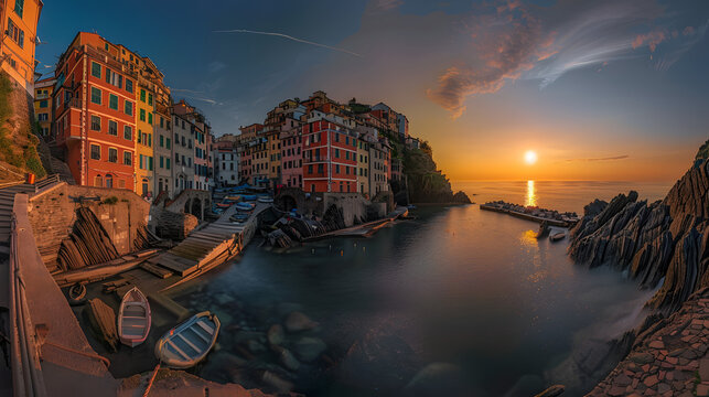 A panoramic view of Riomaggiore in Cinque Terre, Italy at sunset with colorful buildings and the sea in the background