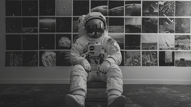 vintage astronaut suit displayed in front of a wall filled with black and white photos of space missions, celebrating the history and evolution of space exploration in honor of National Astronaut Day