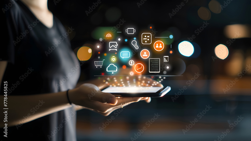 Poster a person holding an ai-powered mobile device with icons of various digital marketing tools and produ