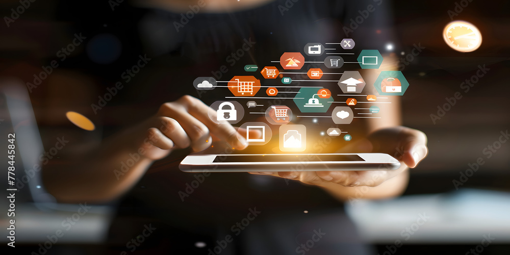 Poster a person holding an ai-powered mobile device with icons of various digital marketing tools and produ
