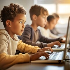 children working on laptop