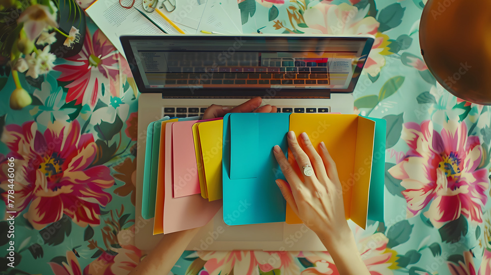 Poster a person is meticulously laying out colorful file folders with various documents and tokens on top o