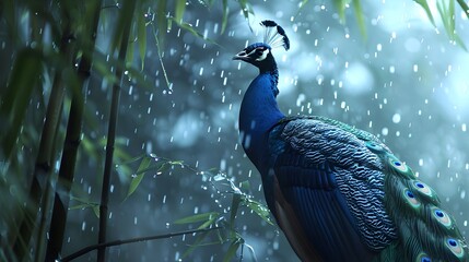 Majestic Peacocks Enchanting Morning Display Amidst Dewy Bamboo Grove in Documentary Photography - obrazy, fototapety, plakaty
