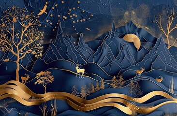 A paper cut artwork of deers in the forest at night, surrounded by trees and leaves, with a dark blue and gold color scheme. generative AI