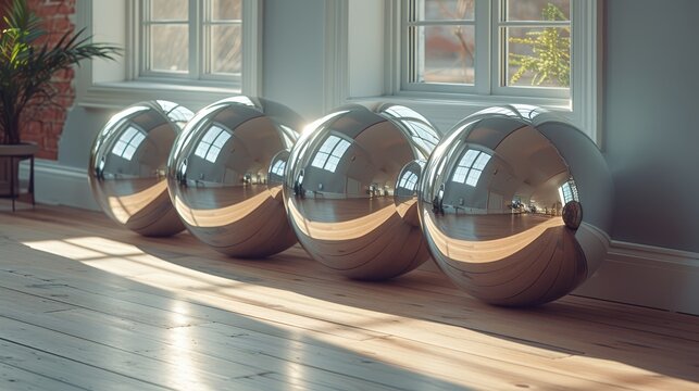 a row of shiny metal balls sitting on a hard wood floor in front of a window with a potted plant.