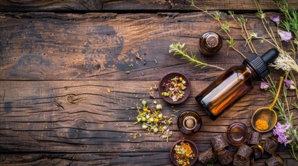 Wooden Table With Bottles of Essential Oils