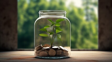 Plant growing in Coins glass jar for money saving and investment financial, concept for business, innovation, growth and money