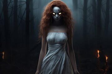 Fototapeta premium Dark and creepy beauty concept: a girl with Halloween makeup against a spooky background, radiating horror vibes.