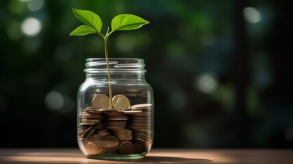 Plant growing in Coins glass jar for money saving and investment financial, concept for business, innovation, growth and money