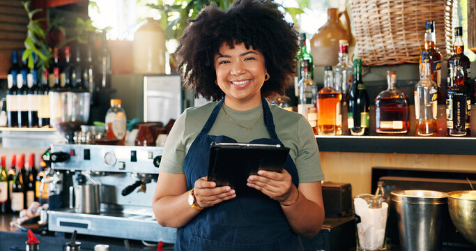 Tablet, restaurant bartender and happy woman typing checklist for alcohol stock, store trade or inventory. Portrait, job experience and manager check online list of drinks for supply chain services