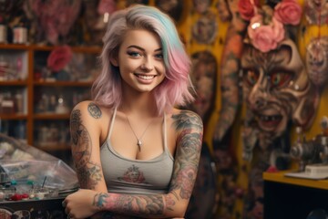 Pensive beauty with tattoos, sitting against a wall in a tattoo studio, radiating a seductive allure.