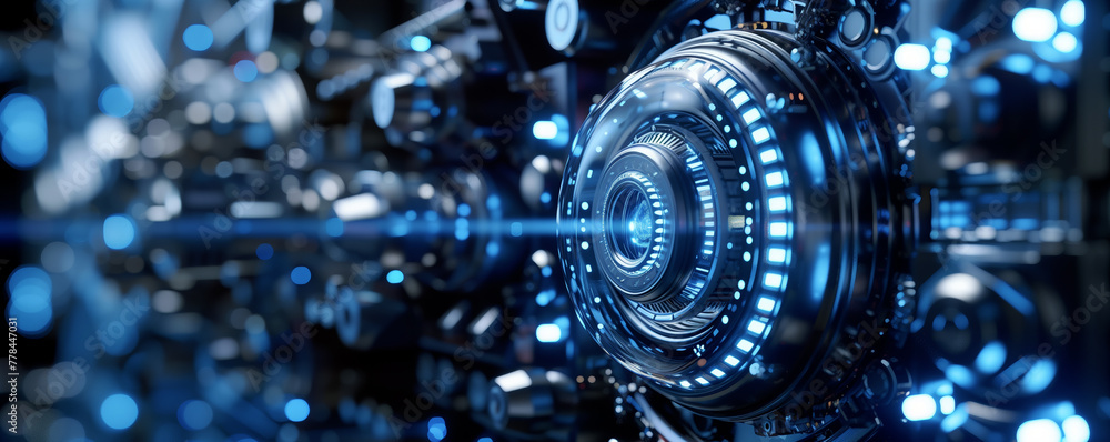 Poster advanced futuristic technology concept with glowing blue lights and mechanical elements. 3d illustra