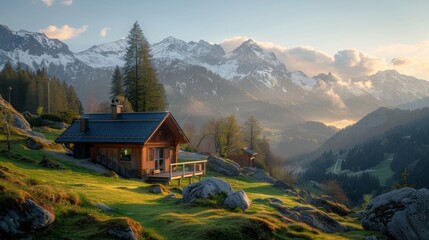 Fototapeta premium A lonely house in the mountains with snow 