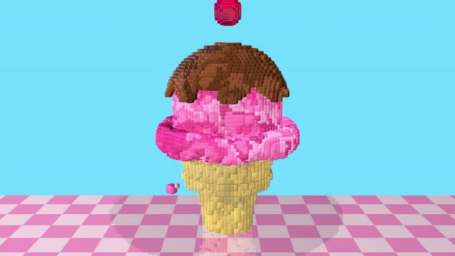 Strawberry ice cream cone with chocolate sauce and cherry rotating in pixel style