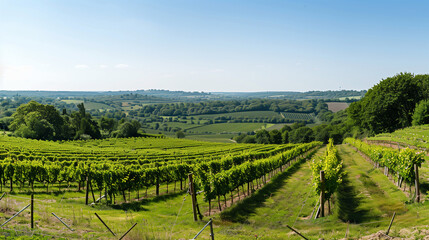 Fototapeta na wymiar Lush vineyards in the south-east of England, with rows of grapevines stretching into the distance under a clear blue sky