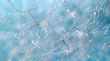 An intricate mesh of silver threads against a cool, icy blue backdrop, reflecting a world connected by technology. 
