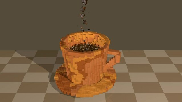 Orange cup on saucer filling with coffee in pixel style against dark orange background