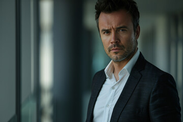 Naklejka premium A man in a suit and white shirt looks at the camera