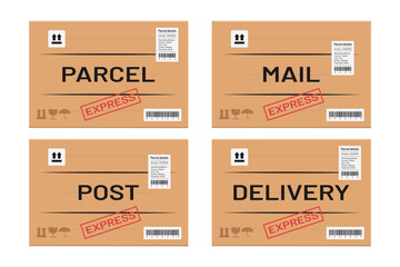 post mail parcel cardboard box packages side view set vector flat illustration