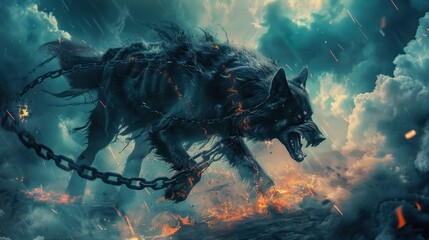 A large wolf monster on a chain that attack background wallpaper AI generated image