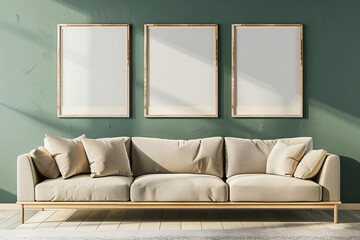A minimalist Scandinavian living room with a taupe sofa against a forest green wall. Three empty mock-up poster frames 