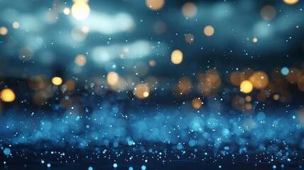 Fototapeta na wymiar A peaceful gathering of sky blue particles, floating serenely against a dark sky. The bokeh lights create a sense of depth and openness, inviting the viewer into a moment of tranquility.