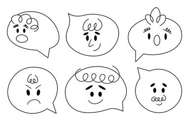 Speech bubble abstract comic faces with various Emotions. Outline lineart style. Different characters. Cartoon style. Flat design. Hand drawn trendy Vector illustration isolated on background
