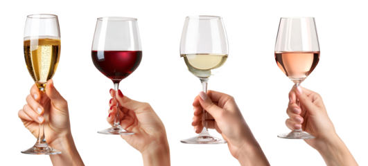 Collection set of hand holding red white rosé rose champagne wine glass goblet on transparent background cutout, PNG file. Mockup template for artwork graphic design	
