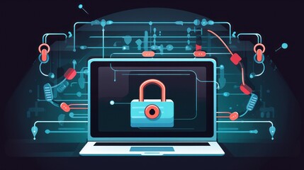 Cybersecurity at its core: A padlock on a laptop screen against digital lights background symbolizes advanced data protection.