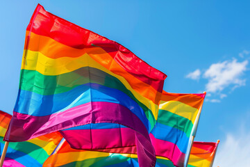 Colorful LGBTQ pride flags waving in the air as diverse individuals come together in unity and celebration, symbolizing love, acceptance, and equality