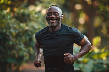 Naklejka na ściany i meble Happy black man running in park with music, smile and mockup in nature, garden and workout. Senior male, outdoor runner and motivation for fitness, energy and healthy exercise training with earphones